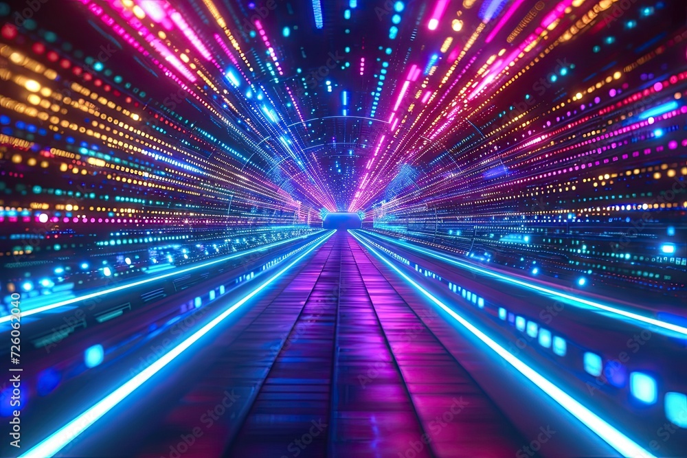 Poster glowing colorful of neon light or laser moving high speed data network technology