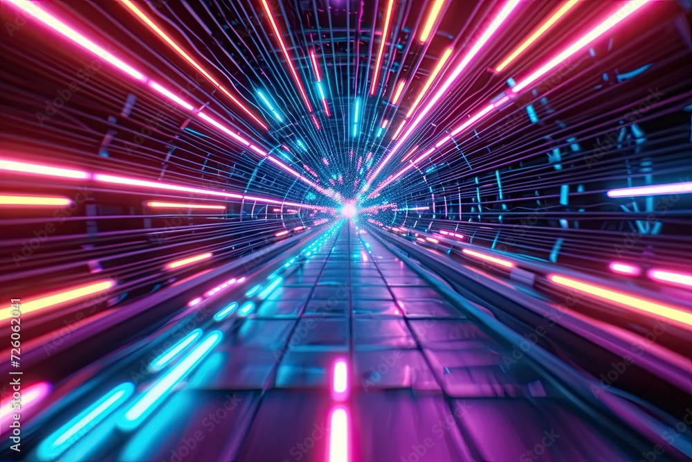 Poster glowing colorful of neon light or laser moving high speed data network technology