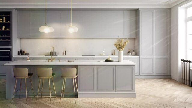 parisian minimalist kitchen with grey cabinet. 3d render . modern kitchen interior. seamless looping overlay 4k virtual video animation background 