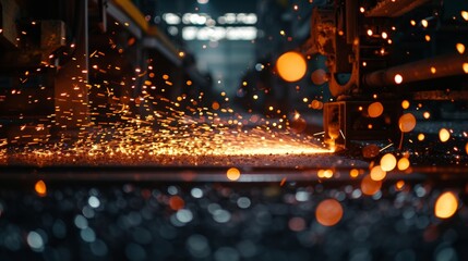 Closeup of a factory floor with bright sparks flying from equipment and industrial lights creating...