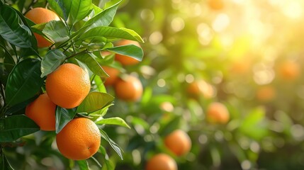 Citrus branches with organic ripe fresh oranges tangerines growing on branches with green leaves in sunny fruiting garden. copy space for text.