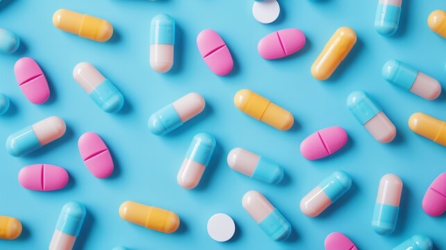 Colorful drug pills on blue background, pharmaceutical concept. copy space for text.