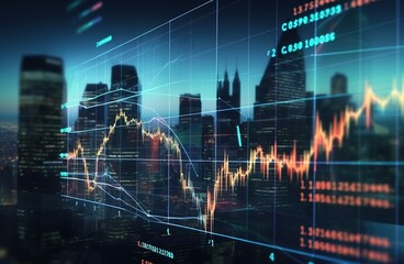 A digital stock market concept with digital financial chart graphs on panoramic city view