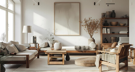 a living room with neutral colors and wooden furnishings