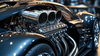 Fototapeta premium The closeup footage showcases the cars large and powerful V8 engine with its highperformance air intake system and twin exhaust pipes designed to optimize airflow for maximum
