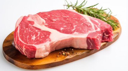  Fresh red marble beef slices raw, High quality angus ribeye close up view on a wooden cutting board