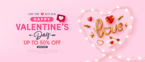 Fototapeta premium Valentine's day Sale poster and banner template with symbol of heart from LED String lights.Vector of Valentine's day poster or banner.Greetings and presents for love or Valentine concept.