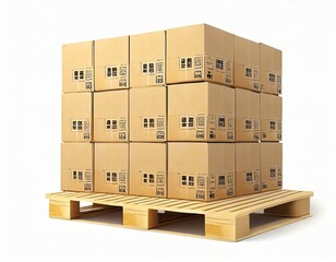 Cargo, delivery and transportation industry concept: stacked cardboard boxes on wooden shipping pallet isolated on white background