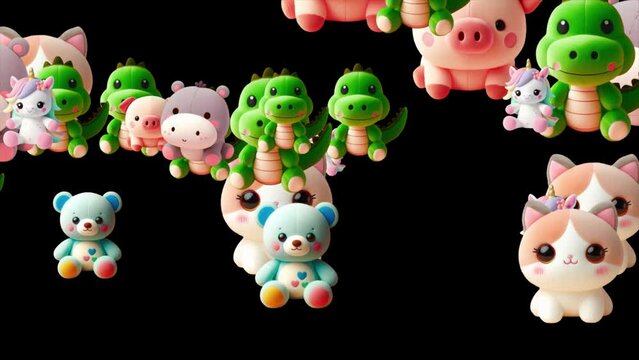 Stuffed fluffy toy animals moving from right to left , Soft toys animated background, Cute fluffy and fury toys stock footage