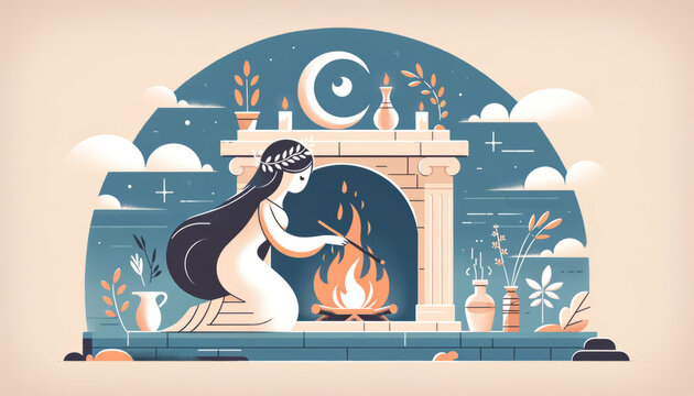 A serene image of Hestia, the Greek goddess of the hearth and home, tending a warm, welcoming hearth.