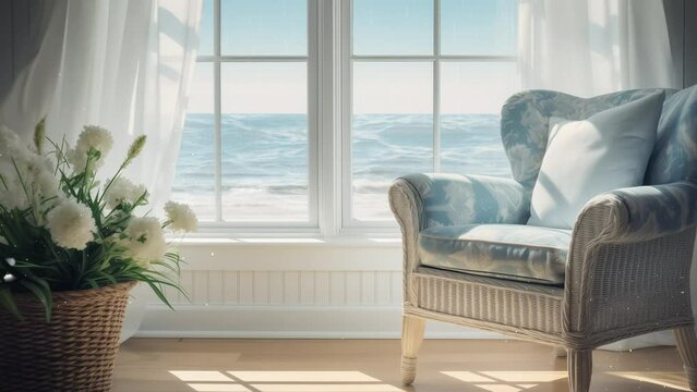 chair in sunny window overlooking ocean. window with beautiful ocean view. seamless looping overlay 4k virtual video animation background 