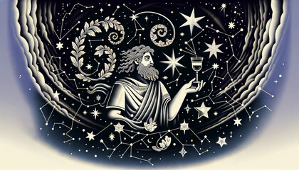 A whimsical, animated depiction of Dionysus and the Stars.