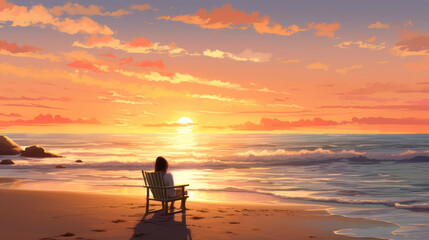 Fototapeta na wymiar A woman sits on a sunset beach chair enjoying the beautiful tranquility of nature