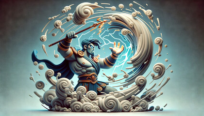 A whimsical, animated art style depiction of Ares calming a violent storm.