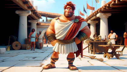 A whimsical, animated art style depiction of Ares in ancient Greek attire, without armor. - obrazy, fototapety, plakaty