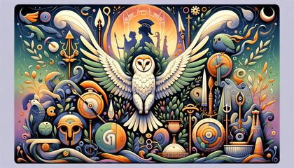 Whimsical animated art style depiction of Athena's Emblem, focusing on symbols associated with Athena.