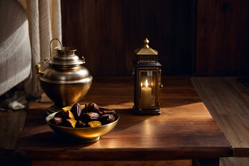 Obraz na płótnie Canvas a bowl of dates next to a lantern on a wooden table