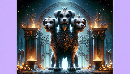A detailed, whimsical, animated art style depiction of Cerberus, the three-headed dog, guarding the gates of the underworld, in 16_9 ratio.
