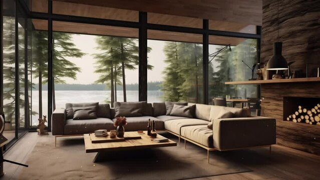 corner view of contemporary living room interior. modern living room. seamless looping overlay 4k virtual video animation background 