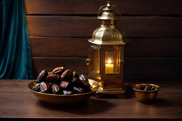 a bowl of dates next to a lantern on a wooden table