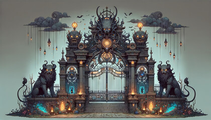 A detailed, whimsical, animated art style depiction of the Underworld Gates, in 16_9 ratio.