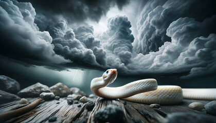 A dramatic image of an albino corn snake with a stormy sky in the background, with good focus, good lighting, and no noise, in a 16_9 ratio. - obrazy, fototapety, plakaty