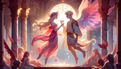A whimsical, animated art style depiction of Psyche and Eros, showcasing their love story. - obrazy, fototapety, plakaty