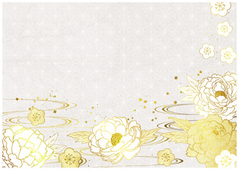 和風、背景、牡丹、花、麻の葉模様、横型、白