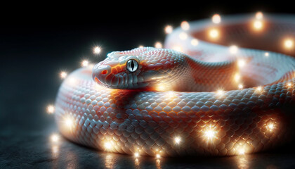 Fototapeta premium A mystical portrayal of an albino corn snake with glowing elements, with good focus, good lighting, and no noise, in a 16_9 ratio.
