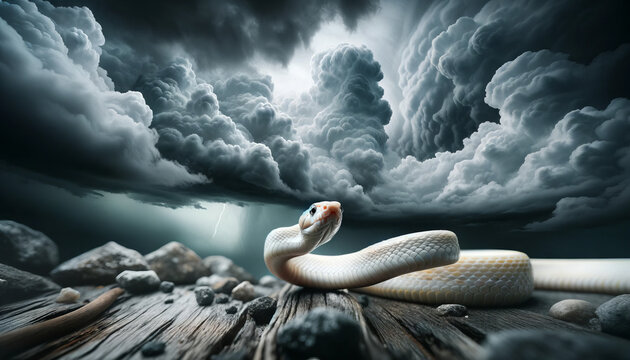 A dramatic image of an albino corn snake with a stormy sky in the background, with good focus, good lighting, and no noise, in a 16_9 ratio.