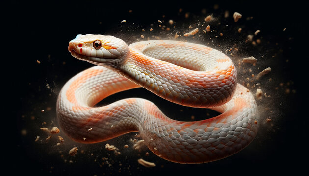 A dynamic image of an albino corn snake in mid-movement, with good focus, good lighting, and no noise, in a 16_9 ratio.