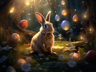 Bunny in a magical forest with sparkling eggs. Spring holiday season. 