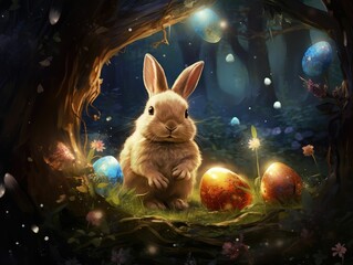Bunny in a magical forest with sparkling eggs. Spring holiday season. 