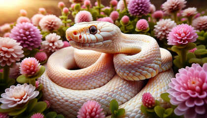 Fototapeta premium Albino corn snake in a garden, surrounded by blooming flowers, with good focus, good lighting, and no noise, in a 16_9 ratio.