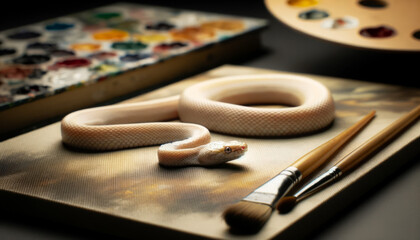 An albino corn snake on a canvas, as if it's part of a painting, with good focus, good lighting, and no noise, in a 16_9 ratio. - obrazy, fototapety, plakaty