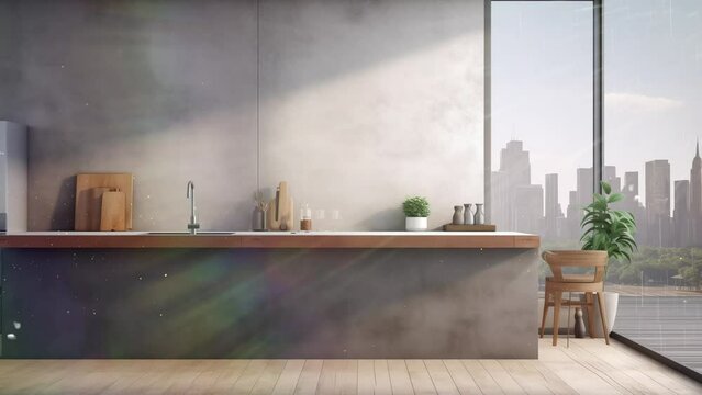 modern wood and concrete kitchen interior with empty space. modern living interior. seamless looping overlay 4k virtual video animation background 