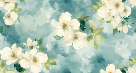 Fototapeta na wymiar a white and green flowers on a blue background