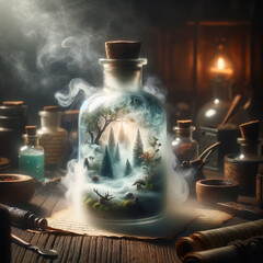 A potion bottle with a misty forest landscape visible inside the vapors.
