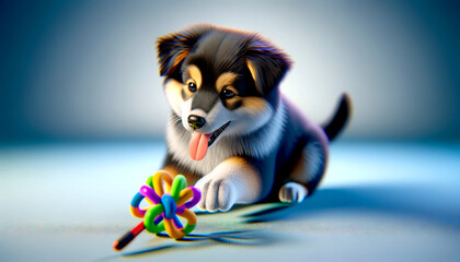 Fototapeta na wymiar A photorealistic image of a young Alaskan Shepherd puppy playing with a colorful toy, in a 16_9 aspect ratio.