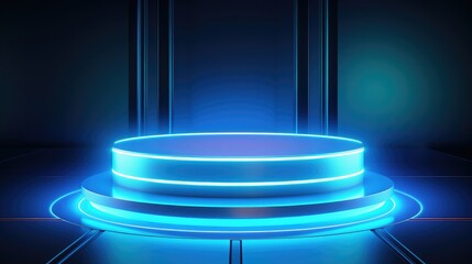 Blue podium stand decoration in 3D realistic modern design with a clear glass circle and blue neon...