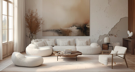 a modern living room with white colored furniture