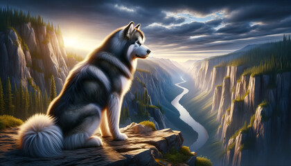 A photorealistic image of an Alaskan Malamute on a cliff or high vantage point, showcasing its majestic pose. - obrazy, fototapety, plakaty