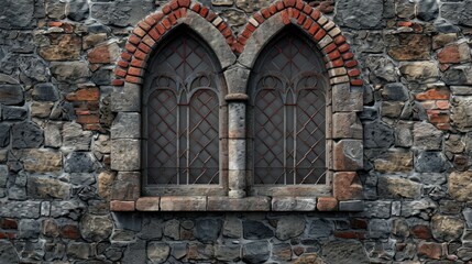 Fototapeta na wymiar Fortified Elegance: Medieval Barred Windows with Red Stone Arch Detail Twin medieval windows, pointed arches, rusticated red stone wall, weathered tracery, barred windows, historical architecture