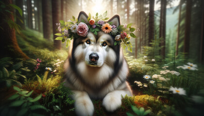 A photorealistic image of an Alaskan Malamute wearing a whimsical flower crown, creating a fairy-tale vibe.