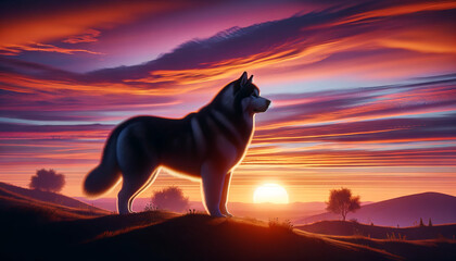 A photorealistic image of an Alaskan Malamute's silhouette against a beautiful sunset.