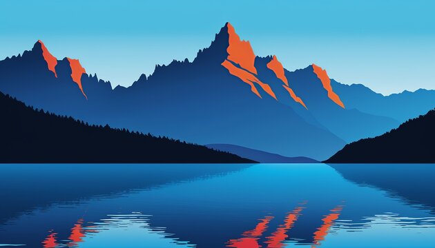Modern Flat Style Vector of Blue Mountains and Lake
