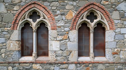 Fototapeta na wymiar Medieval Majesty: Twin Gothic Windows with Stained Glass on Stonework Gothic arched windows, stained glass, stone masonry, medieval architecture, dual window facade, intricate tracery, historic
