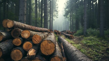 a pile and stack of wooden logs timber in a forest. wallpaper background 16:9 - obrazy, fototapety, plakaty