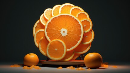 Orange slices are used as decorations on the white spherical base