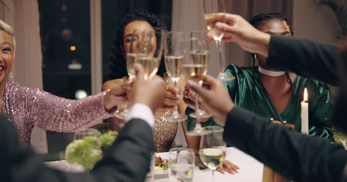 Friends, champagne and toast at new year party, celebration and laughing with wish for success. Men, women and diversity with glasses, drink and alcohol for cheers, happy and excited at gala event